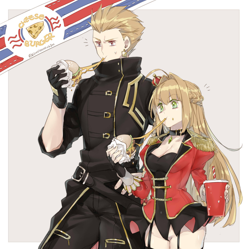 1boy, 1girl, 88_(einnimnech), ahoge, black_gloves, black_leotard, black_pants, black_skirt