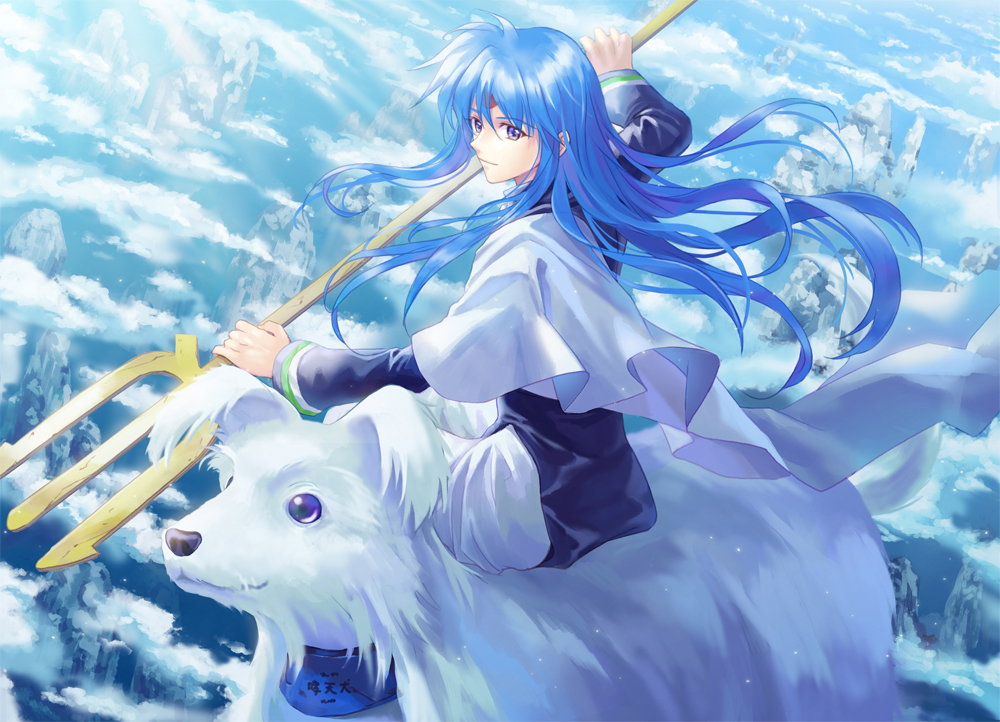 1boy, animal, bangs, blue_eyes, blue_hair, clouds, dog, facial_mark