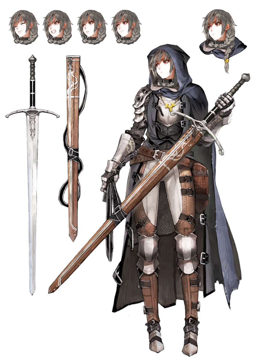 1girl, armor, belt, buckle, character_sheet, claymore_(sword), cloak, commentary