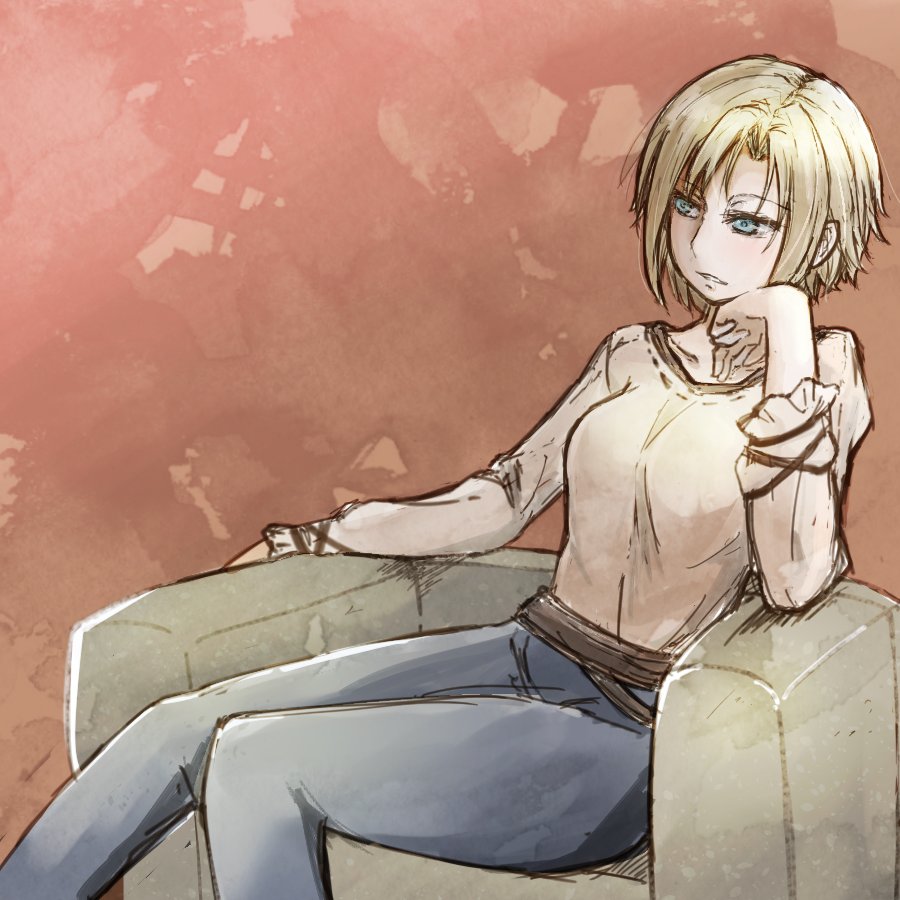 1girl, aqua_eyes, arm_support, artist_request, blonde_hair, blue_pants, breasts, commentary_request, eve_bolan, medium_breasts, pants, parted_lips, short_hair, sitting, solo, spice_and_wolf