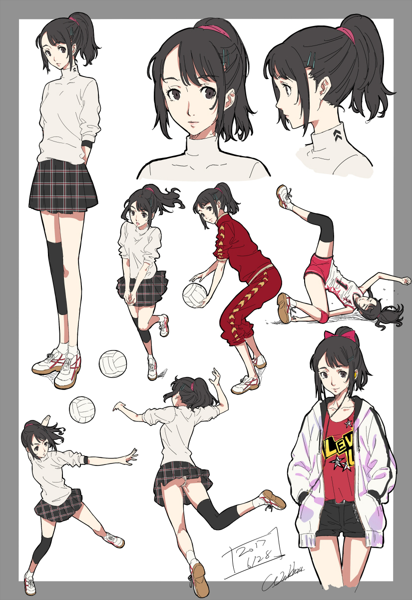 1girl, bangs, black_eyes, black_hair, black_shorts, black_skirt, border, bow