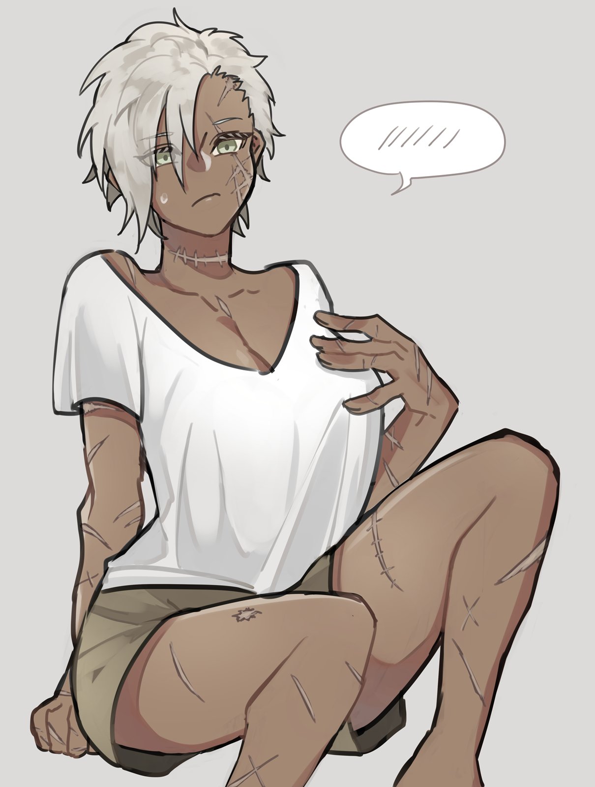 1girl, breasts, cleavage, commentary_request, dark_skin, frown, grey_hair, highres