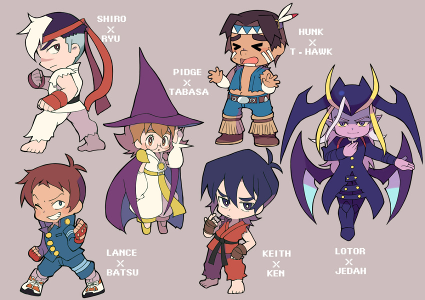 >_<, 5boys, bandanna, black_hair, blue_eyes, brown_eyes, brown_hair, capcom