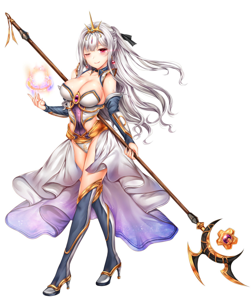 1girl, absurdres, ak-12_(girls_frontline), alternate_costume, arm_guards, armor, bangs, black_ribbon, blush, boots, braid, breasts, bridal_gauntlets, bustier, cleavage, detached_collar, detached_sleeves, earrings, eyebrows_visible_through_hair, french_braid, full_body, girls_frontline, gold_trim, hair_ribbon, high_heel_boots, high_heels, highres, holdign_staff, holding, holding_staff, jewelry, large_breasts, long_hair, looking_at_viewer, magic, magic_circle, one_eye_closed, open_clothes, open_skirt, painteen, priest, ribbon, sidelocks, silver_hair, silver_panties, simple_background, skirt, smile, solo, spell, staff, thigh-highs, thigh_boots, tiara, underwear, very_long_hair, violet_eyes, white_background