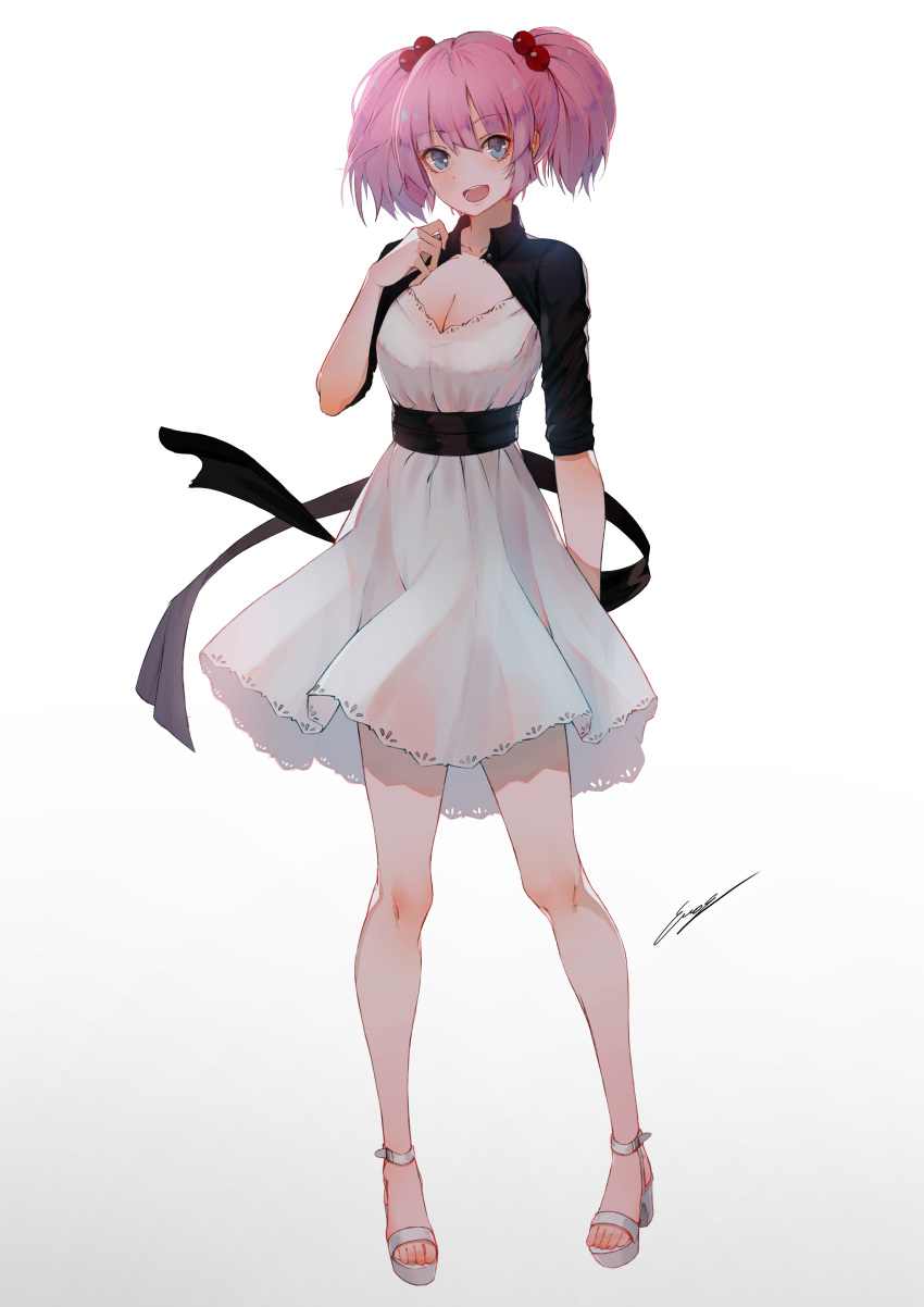 1girl, :d, absurdres, arm_at_side, arm_up, bangs, black_ribbon, black_sash