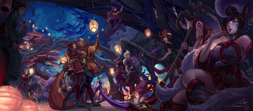 6+boys, 6+girls, ahri, akali, animal_ears, black_hair, character_request, cherry_blossoms, elin_tan, evelynn, fiora_laurent, fox_ears, fox_tail, highres, irelia, karma_(league_of_legends), kayn, kayn_(league_of_legends), lantern_festival, league_of_legends, multiple_boys, multiple_girls, multiple_tails, rakan_(league_of_legends), riven_(league_of_legends), scythe, sky, sona_buvelle, star_(sky), starry_sky, tagme, tail, tattoo, white_hair, xayah, yasuo_(league_of_legends)