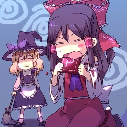 broom, eating, hakurei_reimu, hat, japanese_clothes, kirisame_marisa, lowres, miko