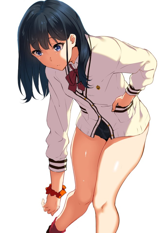 1girl, bangs, black_hair, blue_eyes, cardigan, hand_in_pocket, leaning_forward, long_hair