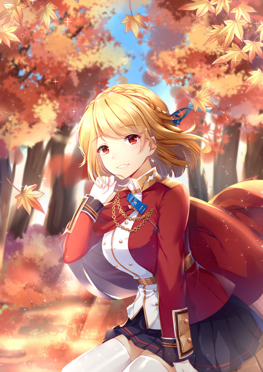 1girl, absurdres, arm_support, autumn_leaves, azur_lane, bangs, blonde_hair, blue_sky