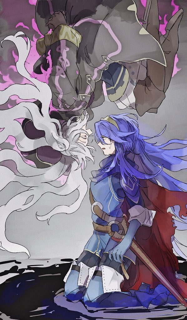 2girls, aura, belt, blue_hair, cape, dark_aura, falchion_(fire_emblem), female_my_unit_(fire_emblem:_kakusei)