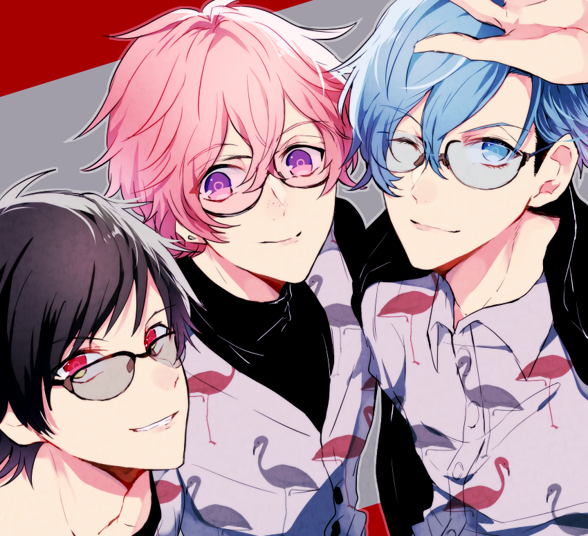 3boys, ;), aizome_kento, animal_print, ashu_yuuta, b-project, bird_print, black-framed_eyewear, blue_eyes, blue_hair, brown_hair, glasses, hand_up, kaneshiro_goushi, looking_at_viewer, multiple_boys, noki418, one_eye_closed, parted_lips, pink_hair, red_eyes, simple_background, smile, thrive, upper_body