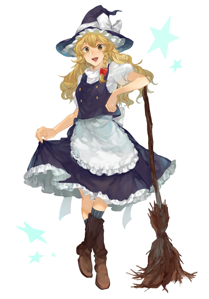 1girl, :d, apron, black_skirt, black_vest, blonde_hair, boots, bow, braid, broom, brown_footwear, commentary, crossed_ankles, double-breasted, eyebrows_visible_through_hair, frilled_apron, frills, full_body, hair_bow, hat, hat_bow, highres, kirisame_marisa, knee_boots, kneehighs, long_hair, looking_at_viewer, open_mouth, puffy_short_sleeves, puffy_sleeves, red_bow, shidaccc, shirt, short_sleeves, side_braid, simple_background, single_braid, skirt, skirt_hold, skirt_set, smile, solo, standing, star, starry_background, striped, striped_legwear, touhou, vertical-striped_legwear, vertical_stripes, vest, waist_apron, wavy_hair, white_apron, white_background, white_bow, white_shirt, witch_hat, yellow_eyes