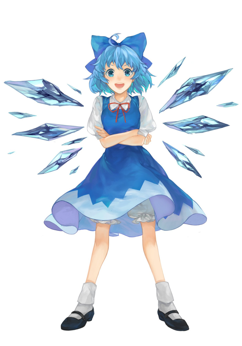 1girl, :d, ahoge, black_footwear, bloomers, blue_bow, blue_dress, blue_eyes, blue_hair, bobby_socks, bow, cirno, collared_shirt, commentary, crossed_arms, dress, full_body, hair_bow, highres, ice, ice_wings, legs_apart, looking_at_viewer, mary_janes, neck_ribbon, open_mouth, puffy_short_sleeves, puffy_sleeves, red_ribbon, ribbon, shidaccc, shirt, shoes, short_hair, short_sleeves, simple_background, smile, socks, solo, standing, touhou, underwear, v-shaped_eyebrows, white_background, white_shirt, wing_collar, wings