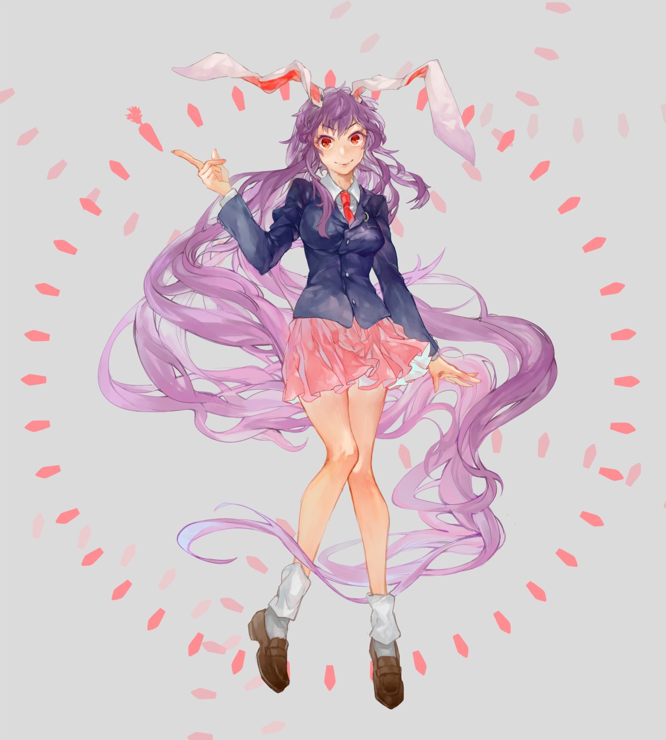 1girl, absurdly_long_hair, animal_ears, bangs, blazer, bobby_socks, breasts, brown_footwear, bullet, carrot, closed_mouth, collared_shirt, crescent, danmaku, dress_shirt, eyebrows_visible_through_hair, full_body, grey_background, highres, index_finger_raised, jacket, knees_together_feet_apart, large_breasts, loafers, long_hair, long_legs, long_sleeves, looking_at_viewer, necktie, pink_skirt, pleated_skirt, purple_hair, rabbit_ears, red_eyes, red_neckwear, reisen_udongein_inaba, shidaccc, shirt, shoes, simple_background, skirt, smile, socks, solo, touhou, v-shaped_eyebrows, very_long_hair, white_legwear, wing_collar