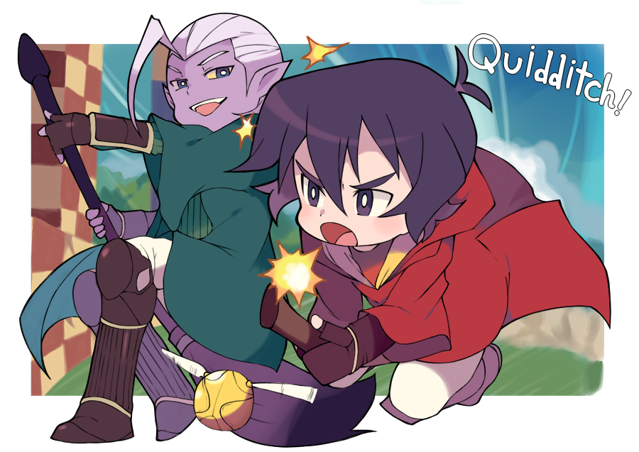 2boys, black_hair, broom, broom_riding, golden_snitch, grey_eyes, harry_potter, hyakujuu-ou_golion