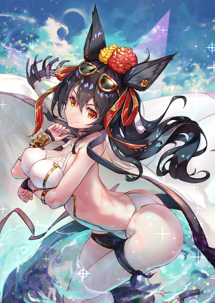 1girl, animal_ears, ass, backless_outfit, bangs, bare_shoulders, black_hair, blush, breast_hold, breasts, cleavage, collarbone, commentary_request, erune, eyebrows_visible_through_hair, eyewear_on_head, flower, granblue_fantasy, hair_between_eyes, hair_flower, hair_ornament, halterneck, high_heels, ilsa_(granblue_fantasy), kawahara_ryuuta, large_breasts, long_hair, looking_at_viewer, red_eyes, shiny, shiny_skin, smile, solo, sunglasses, swimsuit, thigh_strap, thighs, wading, water, white_swimsuit