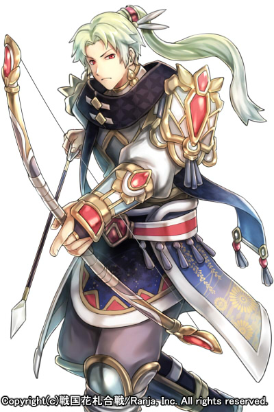 1boy, armor, arrow, blue_scarf, bow_(weapon), bracer, company_name, greaves
