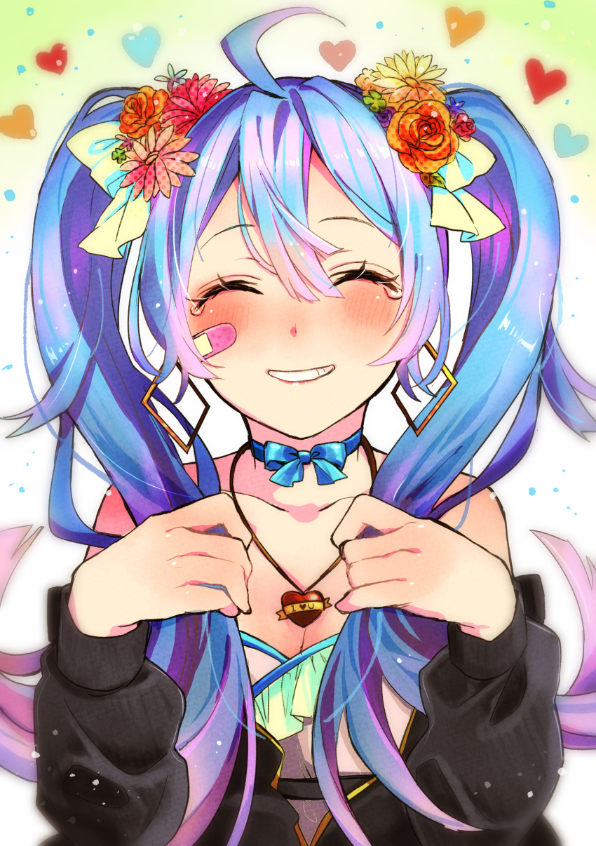 absurdres, ahoge, ai_kotoba_iii_(vocaloid), bandage_on_face, blue_hair, blush, flower, hair_flower