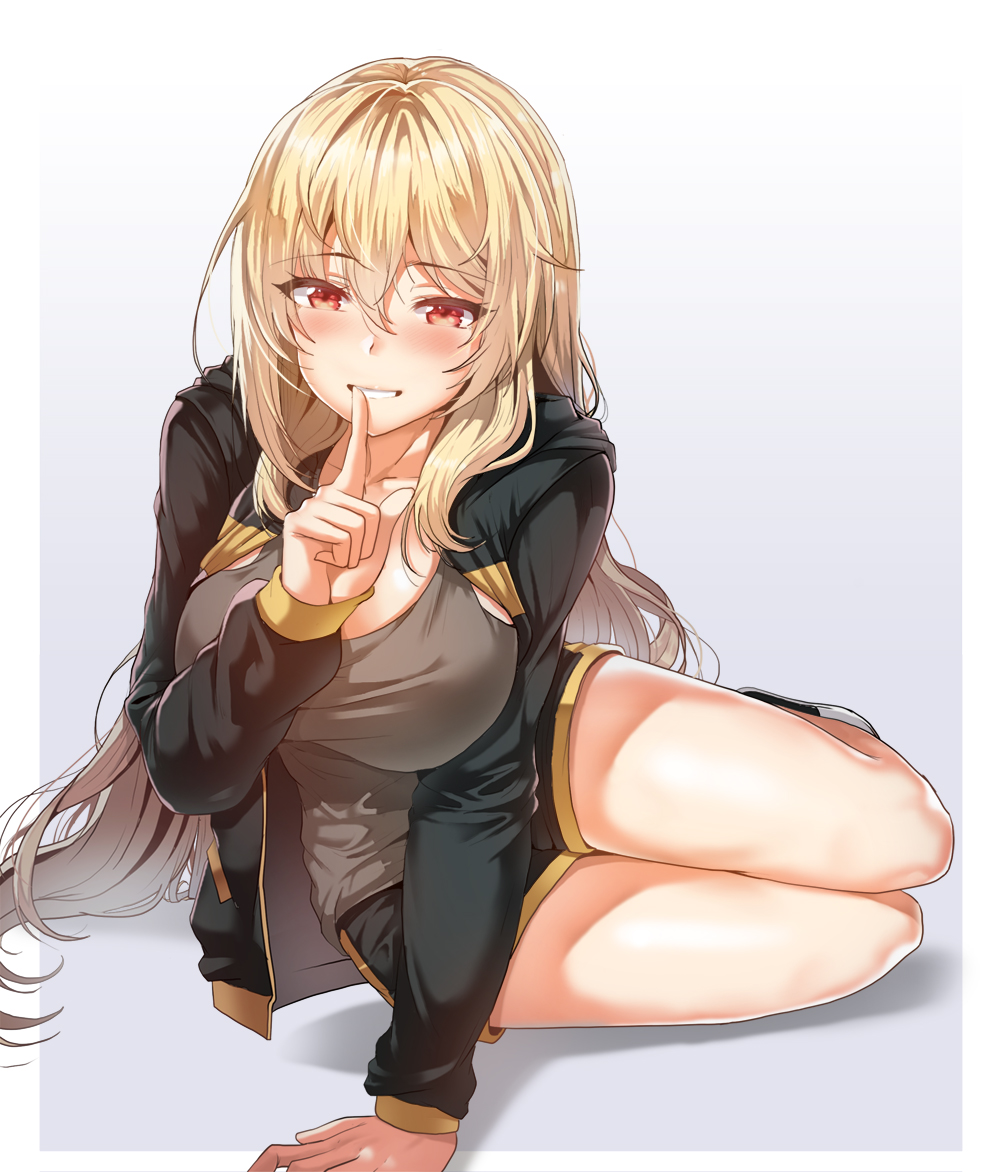 1girl, arm_support, bangs, black_hoodie, black_shorts, blonde_hair, blush, breasts