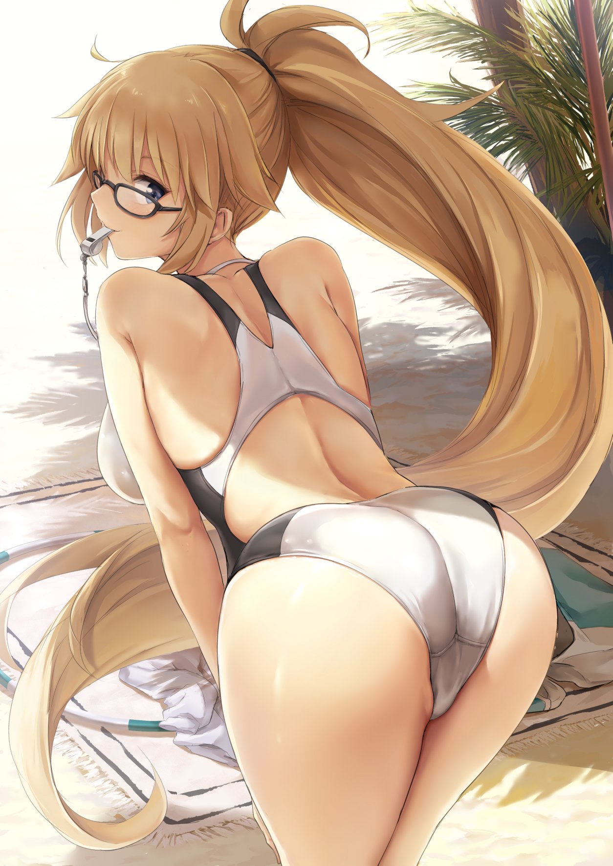 1girl, akita_hika, ass, back, bangs, bare_shoulders, black-framed_eyewear, blonde_hair, blue_eyes, blush, breasts, competition_swimsuit, fate/grand_order, fate_(series), from_behind, glasses, hair_between_eyes, highres, hips, jeanne_d'arc_(fate)_(all), jeanne_d'arc_(swimsuit_archer), large_breasts, leaning_forward, long_hair, looking_at_viewer, looking_back, mouth_hold, one-piece_swimsuit, palm_tree, ponytail, shade, solo, swimsuit, thighs, tree, very_long_hair, whistle, whistle_around_neck, white_background, white_swimsuit