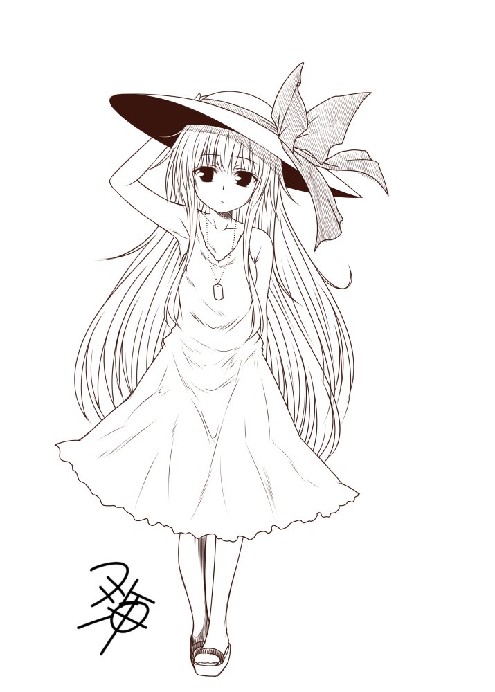 1girl, alternate_costume, bangs, bare_shoulders, dog_tags, dress, eyebrows_visible_through_hair, greyscale