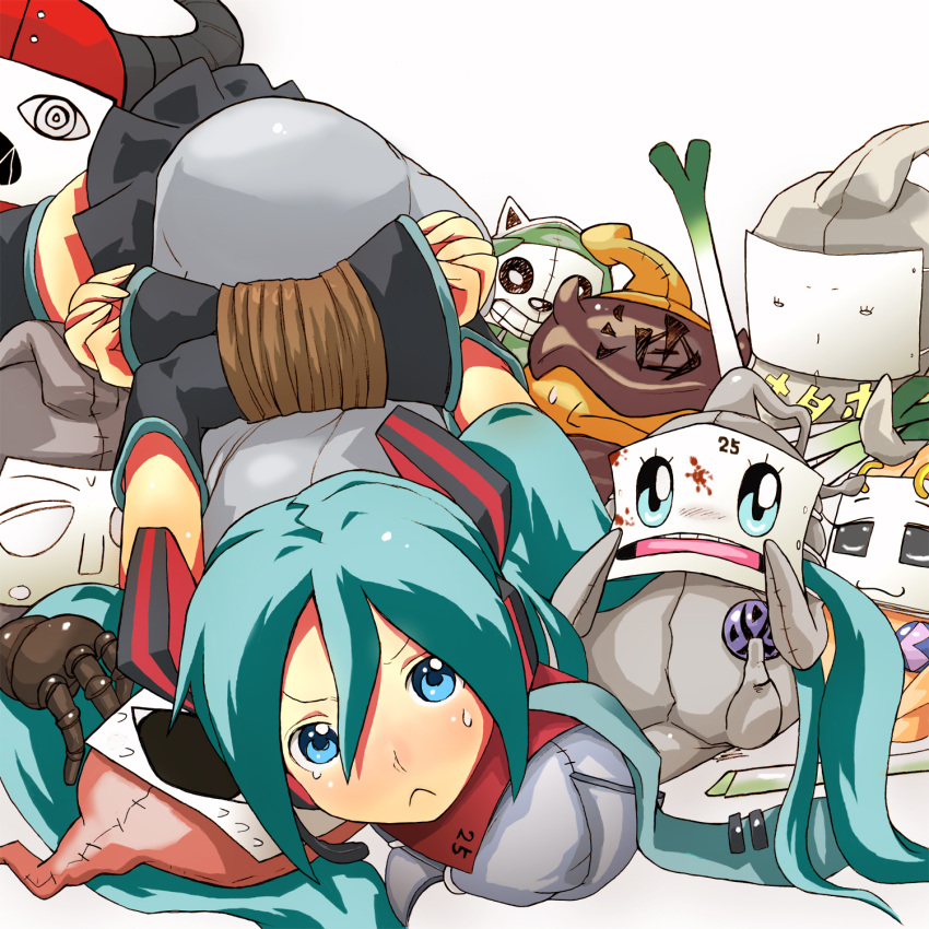 bdsm, blue_eyes, blue_hair, blush, bondage, bound_arms, detached_sleeves, hatsune_miku, highres, long_hair, lying, necktie, puppet, puppets, rope, spring_onion, stuffed_animal, stuffed_animals, stuffed_toy, tears, twintails, vocaloid, wadatsumi