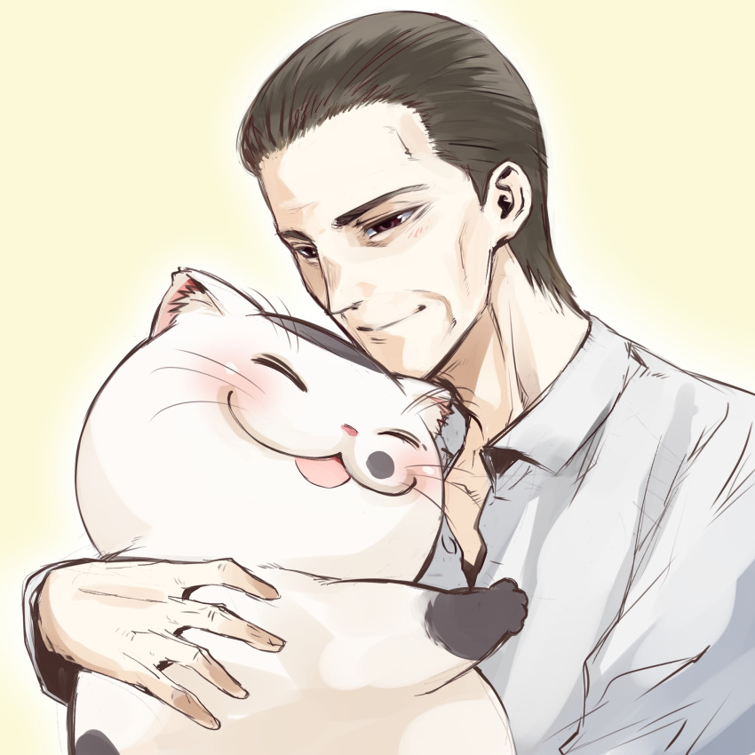 1boy, brown_eyes, brown_hair, cat, highres, hug, male_focus, ojisama_to_neko