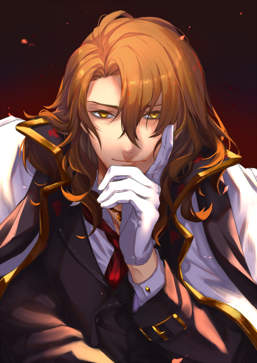 1boy, black_jacket, brown_hair, cape, character_request, gloves, granblue_fantasy, hair_between_eyes, highres, index_finger_raised, jacket, jewelry, long_hair, looking_at_viewer, male_focus, necklace, red_neckwear, sasaki_tamao, shirt, smile, solo, white_cape, white_gloves, white_shirt, yellow_eyes