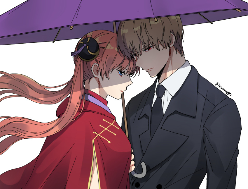 1boy, 1girl, absurdres, black_jacket, black_neckwear, blue_eyes, brown_hair, couple