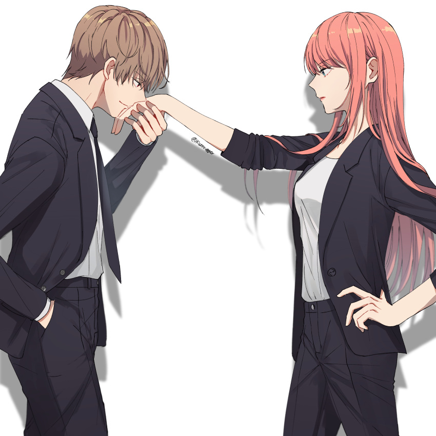 1boy, 1girl, absurdres, black_jacket, black_neckwear, black_pants, blue_eyes, brown_hair
