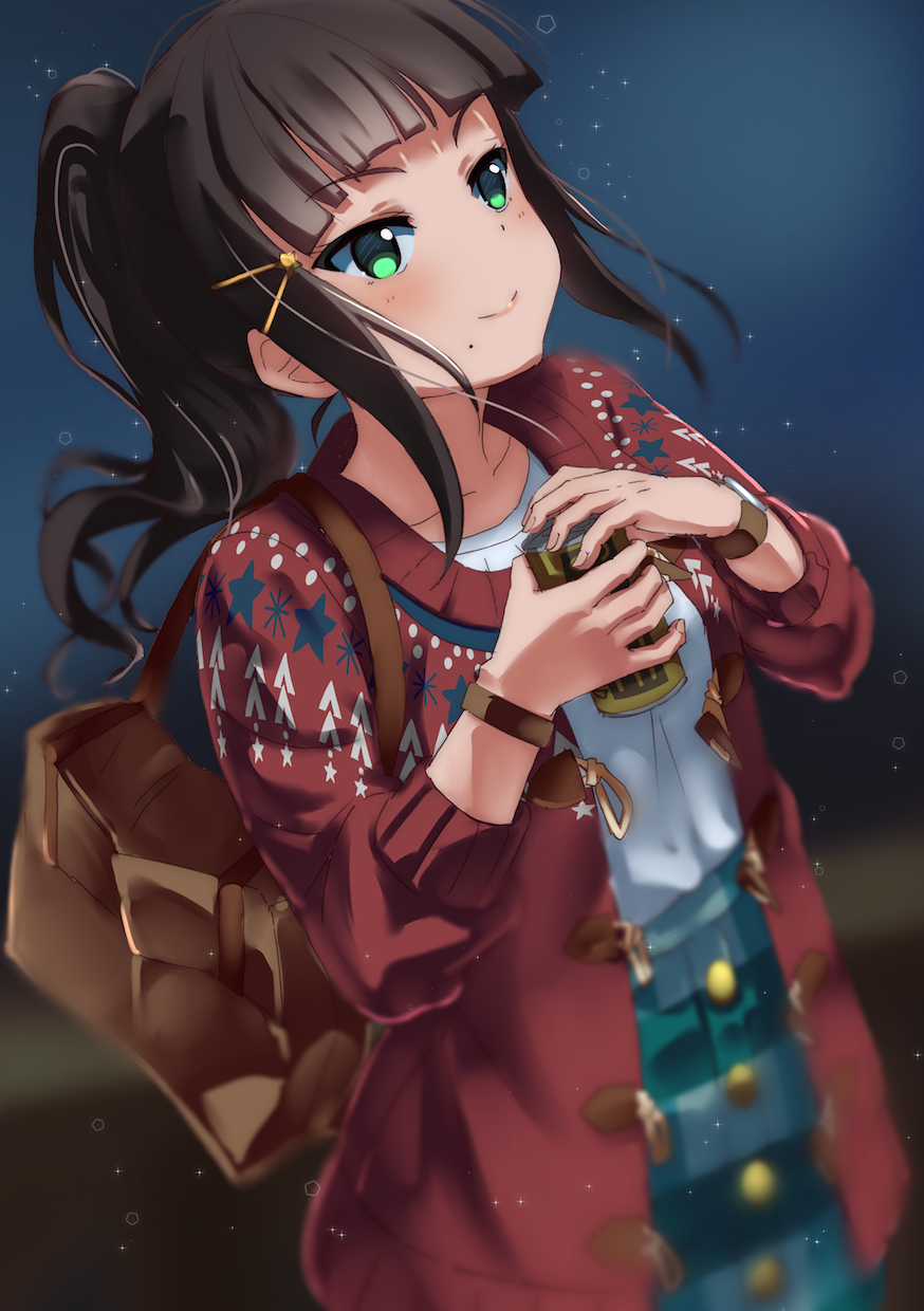 1girl, ajapar, alternate_hairstyle, bag, bangs, black_hair, blunt_bangs, bracelet