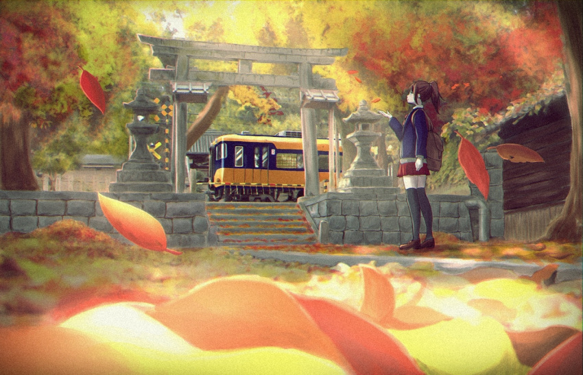 1girl, autumn, autumn_leaves, backpack, bag, black_legwear, brown_footwear, brown_hair