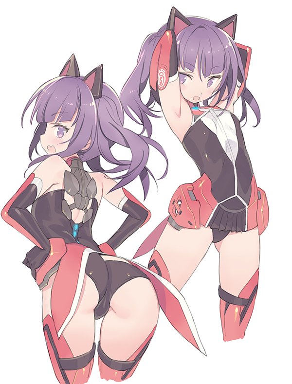1girl, alice_gear_aegis, animal_ears, armpits, arms_up, ass, bangs, bare_shoulders