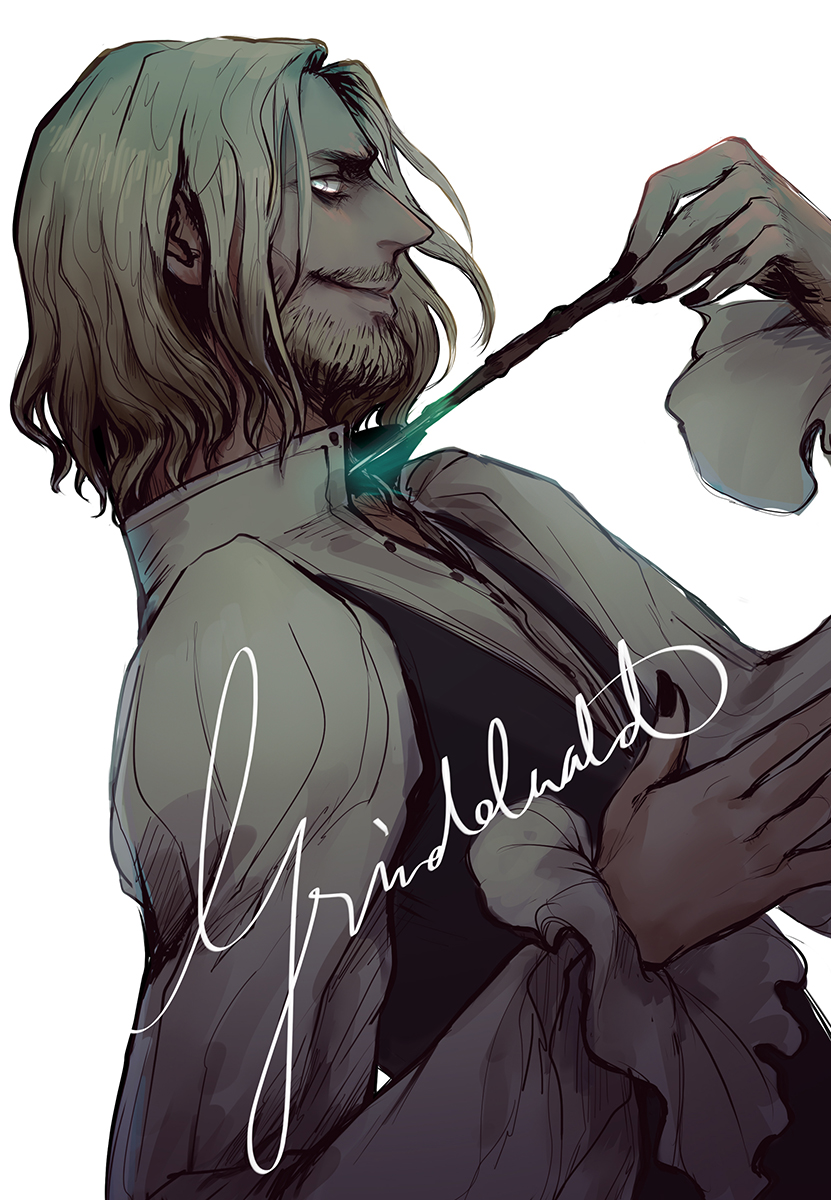 1boy, beard, character_name, facial_hair, fantastic_beasts_and_where_to_find_them, gellert_grindelwald, highres, male_focus, nail_polish, solo, wand, white_background, white_eyes, white_hair