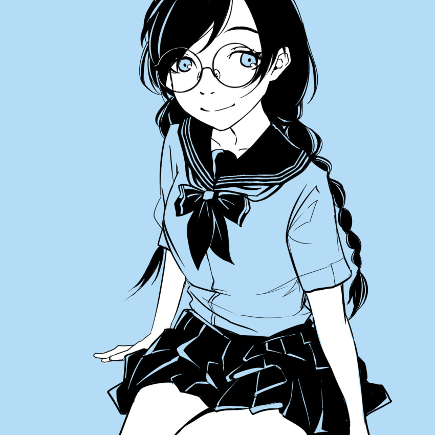 1girl, black_hair, blue_eyes, braid, fuyukayui, glasses, highres, limited_palette