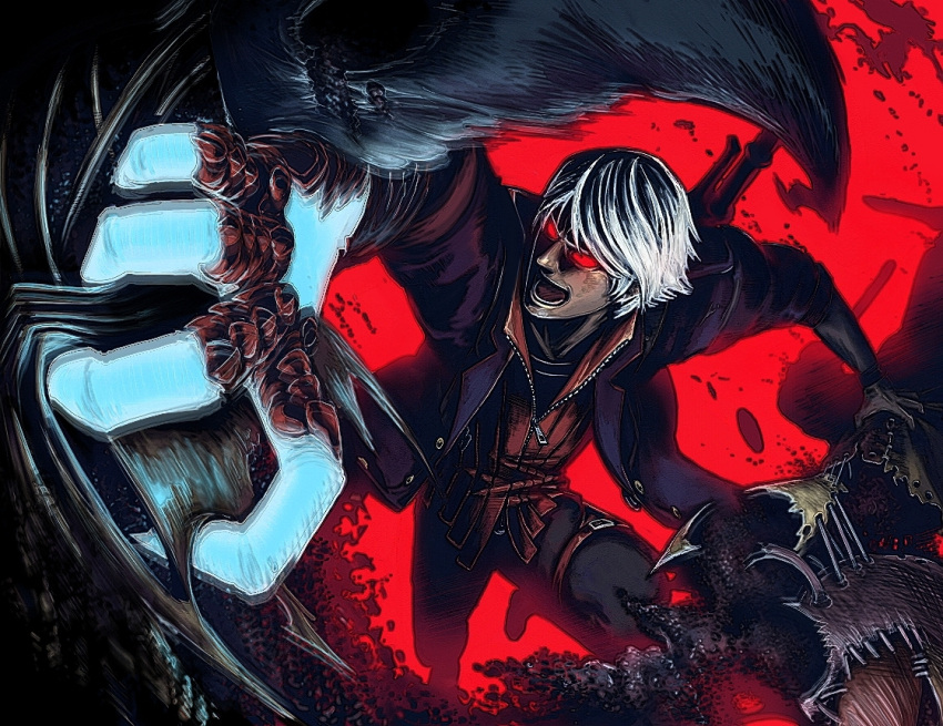 1boy, buckle, coat, demon, devil_may_cry, devil_may_cry_4, glowing, grabbing, imosen, nero_(devil_may_cry), open_mouth, red_background, red_eyes, ripping, solo, sword, weapon, white_hair