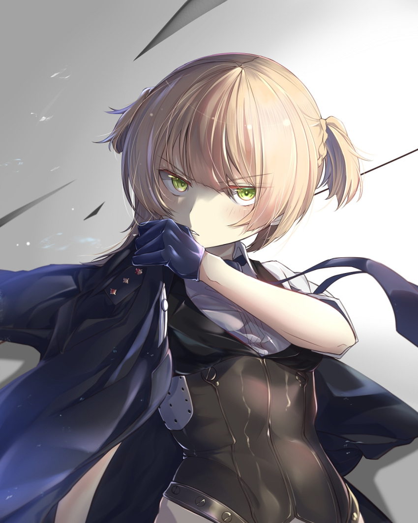1girl, black_coat, black_gloves, black_neckwear, black_vest, blonde_hair, coat, girls_frontline