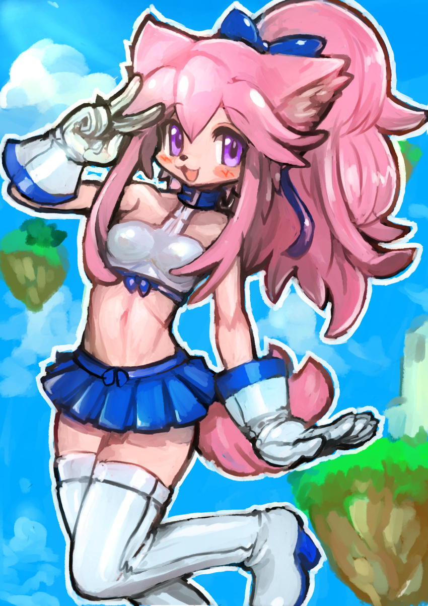 1girl, animal_ears, bare_arms, bare_shoulders, blue_bow, blue_skirt, blush, boots
