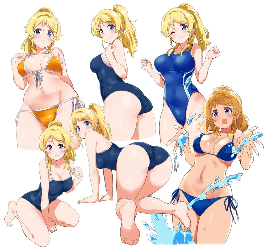 1girl, all_fours, ass, ayase_eli, barefoot, bikini, blonde_hair, blue_bikini