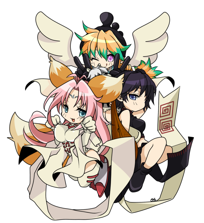 3girls, animal_ears, black_footwear, black_gloves, black_hair, blonde_hair, blue_eyes, breasts