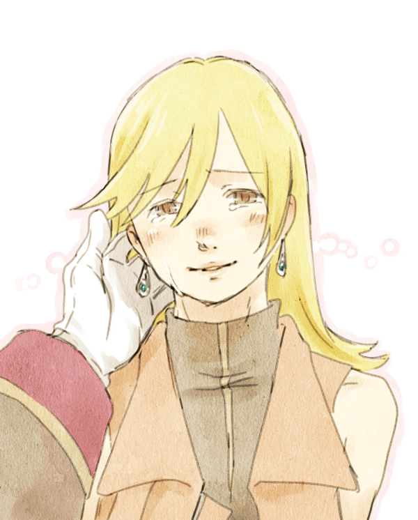 1boy, 1girl, blonde_hair, blush, commentary_request, earrings, gloves, ilia_silvestri
