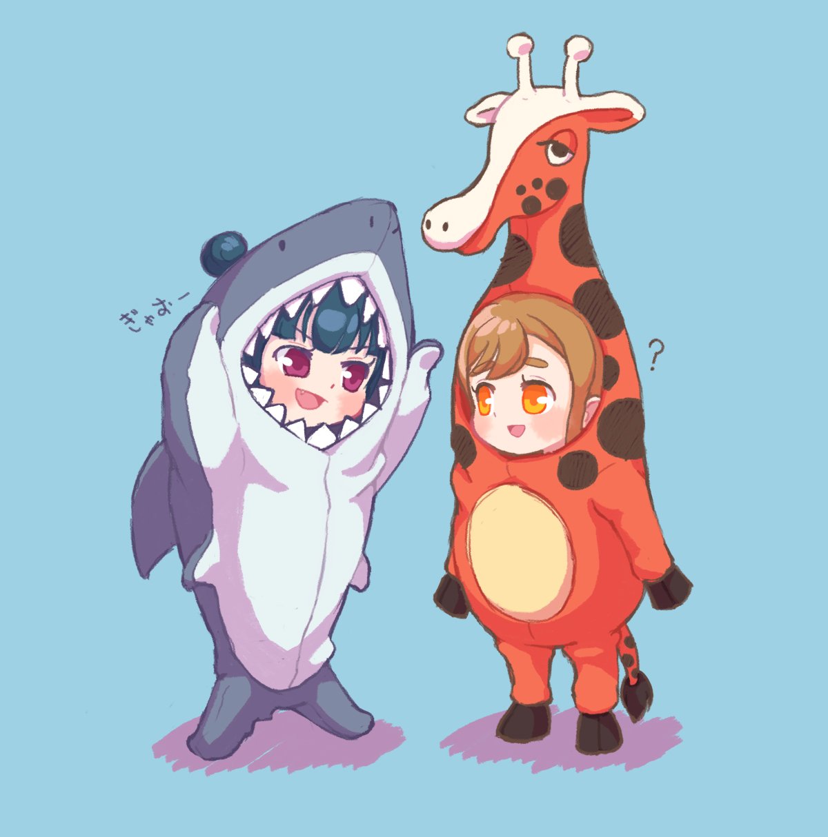 2girls, :d, ?, animal_costume, arms_up, bangs, blue_background, blue_hair