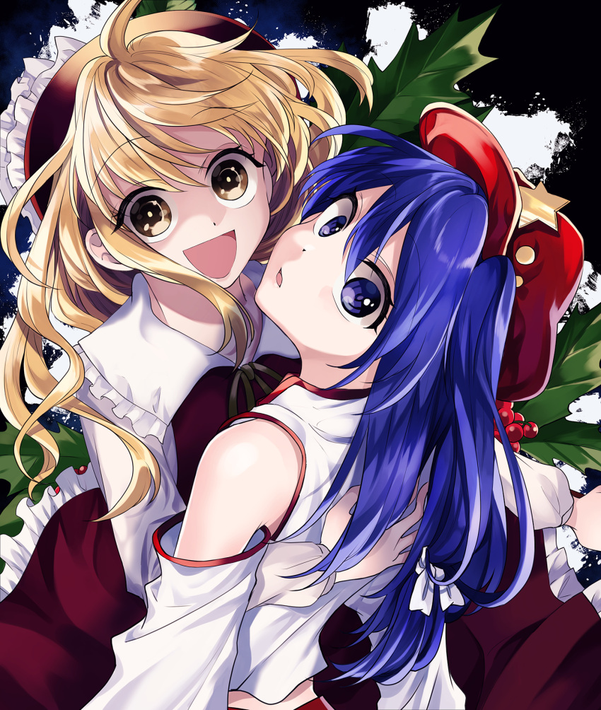 2girls, black_hat, black_ribbon, blonde_hair, brown_eyes, collar, collared_dress, detached_sleeves