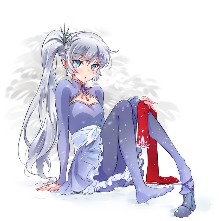 1girl, blue_eyes, earrings, high_collar, highres, iesupa, jewelry, lace, lace-trimmed_skirt, long_hair, long_sleeves, one_shoe, pantyhose, pendant, ponytail, rwby, scar, scar_across_eye, scarf, side_ponytail, single_shoe, skirt, snow, solo, tiara, weiss_schnee, white_hair