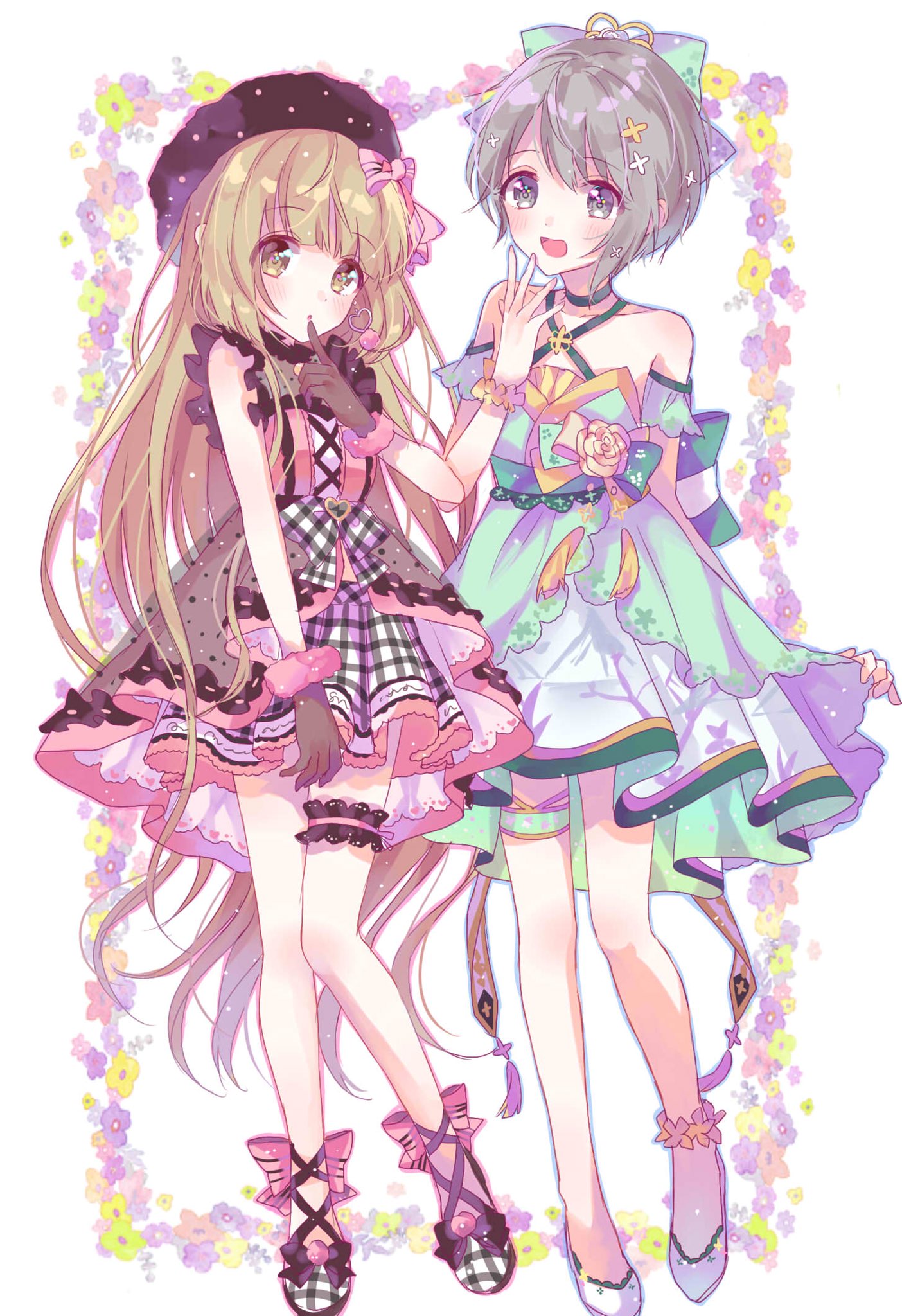 2girls, bangs, bare_shoulders, black_eyes, black_hair, blush, brown_eyes, brown_hair