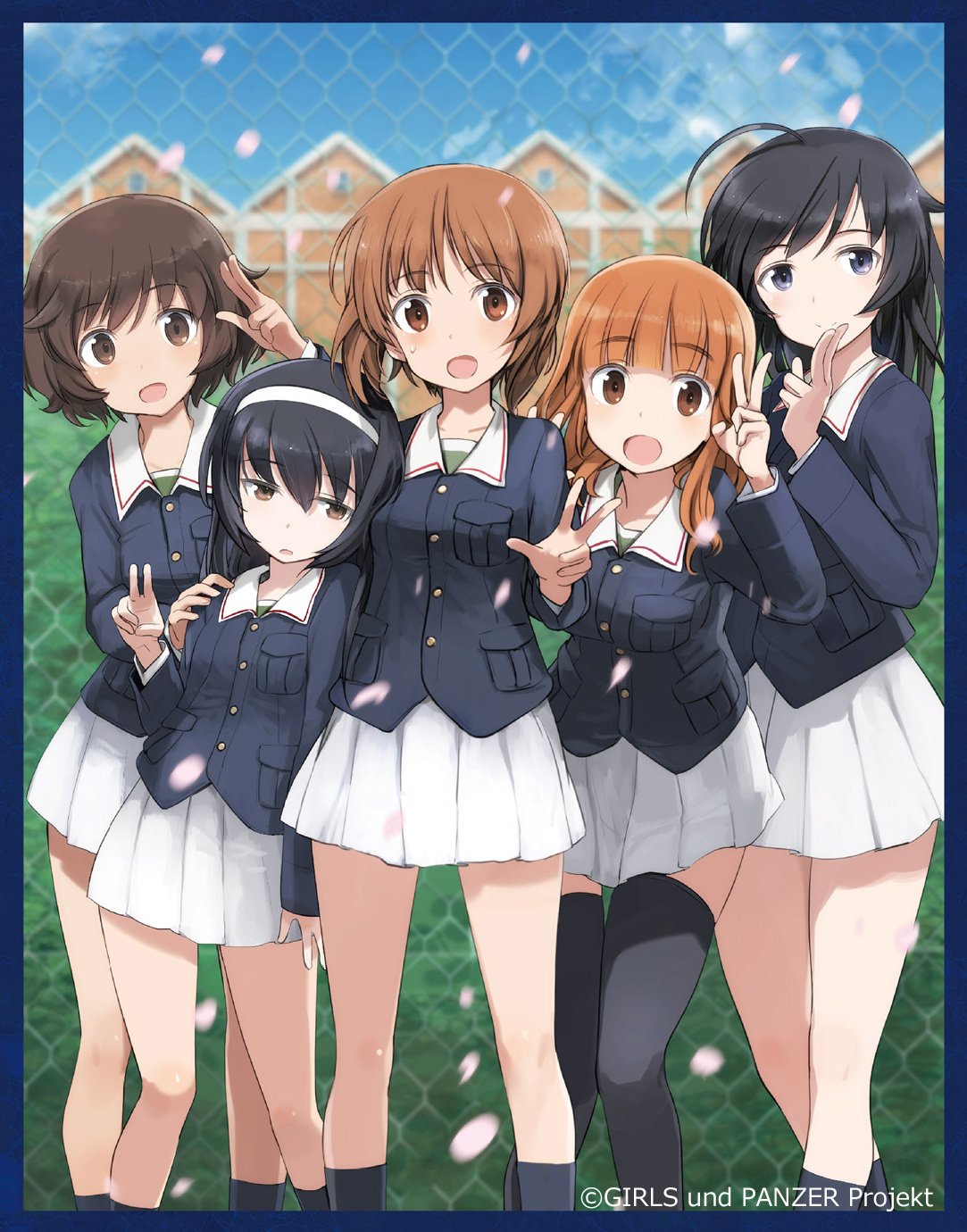 5girls, :d, ahoge, akiyama_yukari, black_eyes, black_hair, black_legwear, brown_eyes