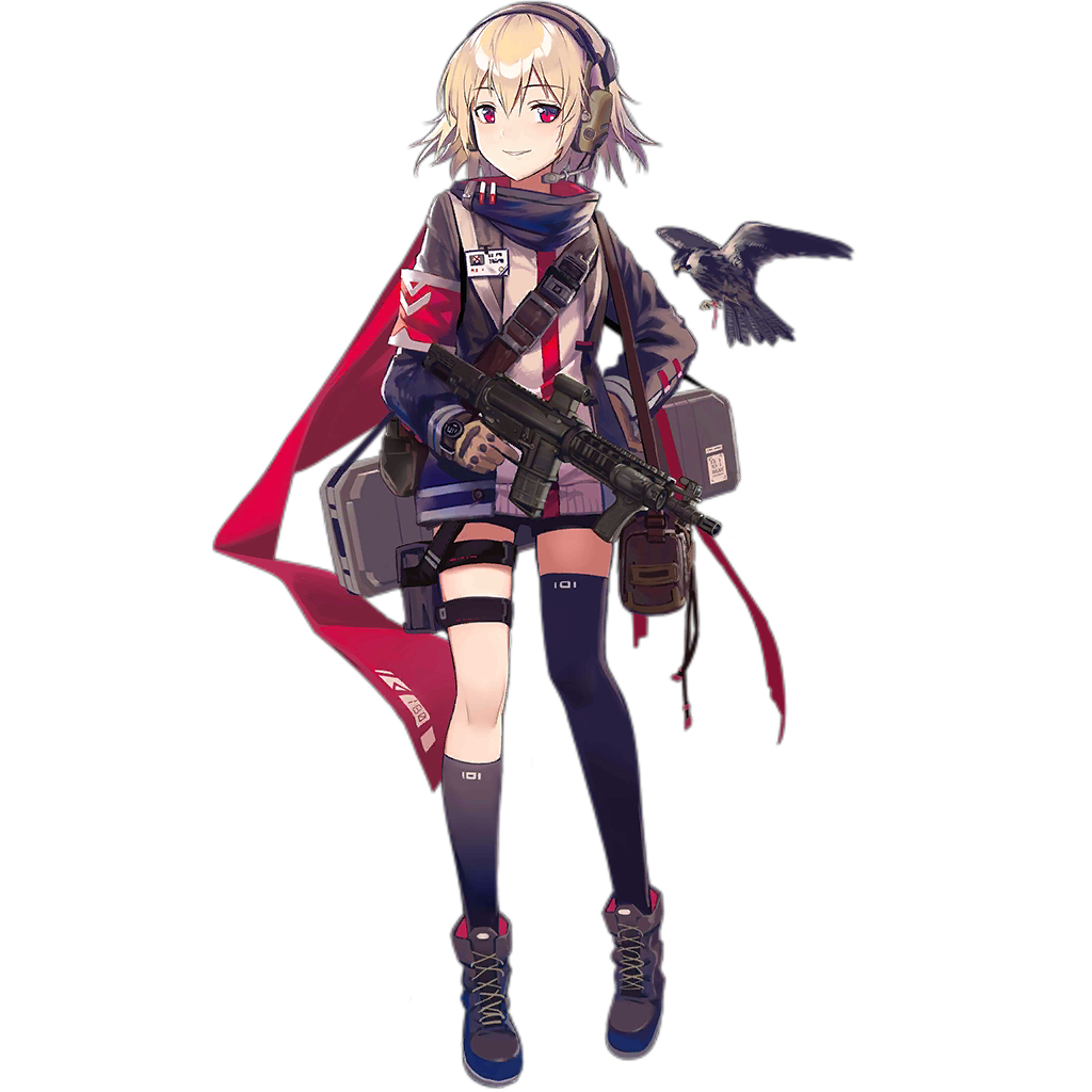 1girl, armband, assault_rifle, bag, bird, blonde_hair, boots, eagle, full_body, girls_frontline, gloves, gun, headphones, huanxiang_heitu, id_card, military_operator, official_art, rifle, scarf, scw_(girls_frontline), short_hair, solo, trigger_discipline, weapon