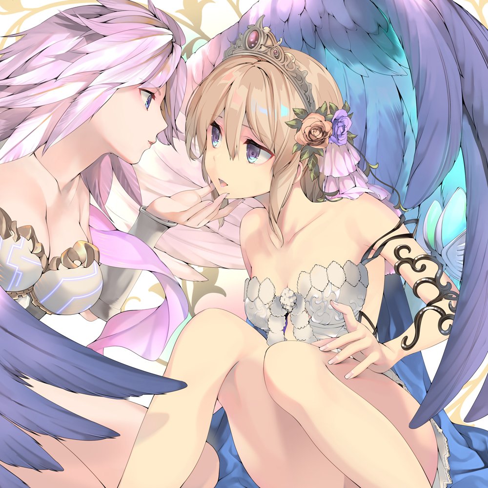 2girls, :d, :o, angel_wings, bare_legs, bare_shoulders, blonde_hair, blue_eyes, bracer, breasts, chin_grab, cleavage, collarbone, couple, crown, dress, europa_(granblue_fantasy), eye_contact, eyebrows_visible_through_hair, feathers, female, flower, gabriel_(granblue_fantasy), granblue_fantasy, hair_between_eyes, hair_flower, hair_ornament, hand_up, highres, imminent_kiss, large_breasts, lavender_hair, legs, light_brown_hair, lips, looking_at_another, multiple_girls, naruse_hirofumi, neck, open_mouth, rose, short_dress, short_hair, sitting, small_breasts, smile, strapless, strapless_dress, wings, yuri