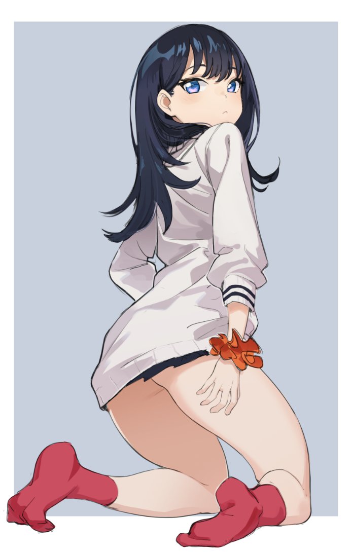 1girl, bangs, black_hair, blue_eyes, cardigan, kneeling, long_hair, long_sleeves