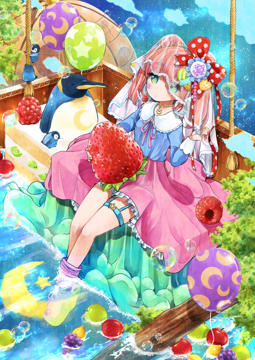 1girl, apple, arm_up, balloon, bangs, bird, blue_eyes, blue_frills